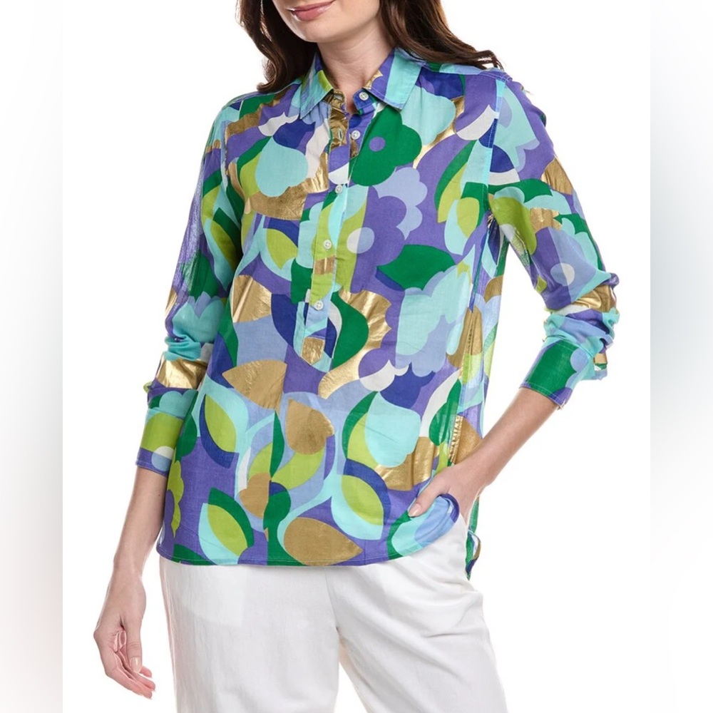 JUDE CONNALLY PRU 1/2 Button Up Top  Blue Gold Green XS